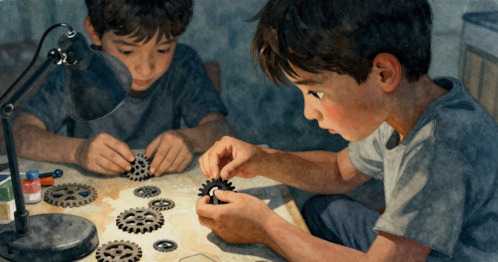 從馬可背後看他專注更換車子齒輪，手部動作精細，場景充滿工藝感與溫暖光線