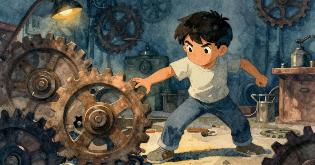 馬可快步擋住滾動齒輪，臉上展現堅定與憂慮，室內雜亂場景中充滿奮鬥氛圍