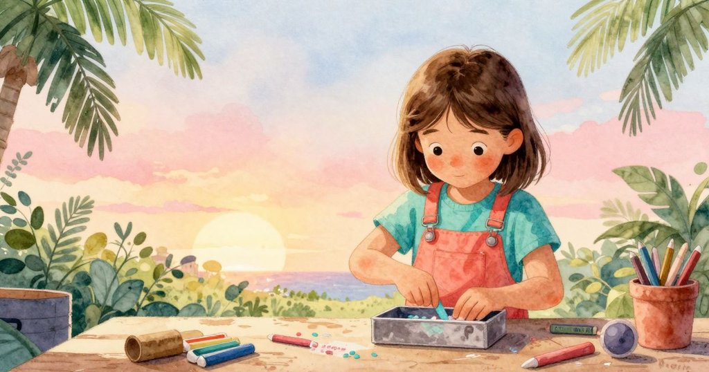 Gwen在晨光中輕啟空盒，輕聞粉筆氣息，背景為數字磚牆，場景寧靜且充滿期待