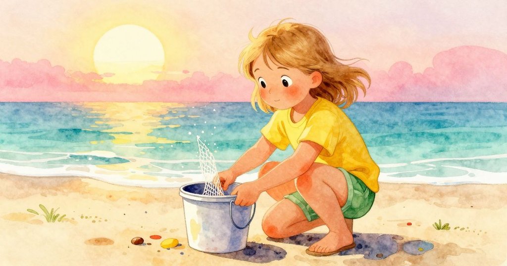 Harriet在晨光中蹲於剝蓋油漆桶旁，用網狀布細心過濾濃稠油漆，專注神情展現技巧與耐心