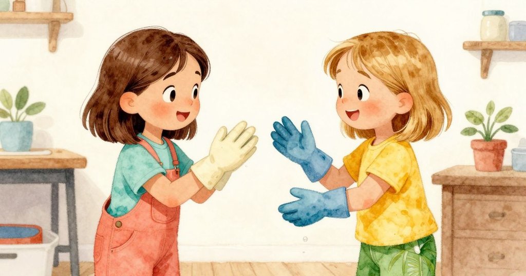 Gwen與Harriet側身互看，檢視沾濕手套與隨性曲線油彩，氛圍溫馨且充滿共享創意的喜悅