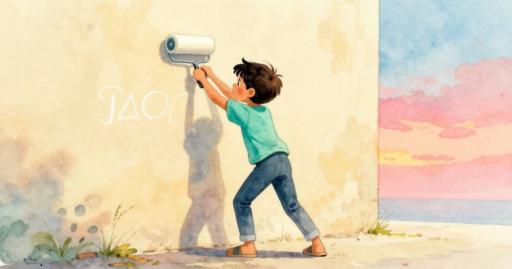 Niall在牆邊運用泡沫滾筒完成最後油彩，陽光拉長影子，氛圍穩定轉換回最初寧靜與和諧