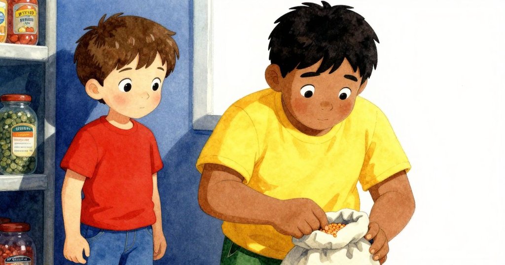 Luke輕觸布袋,展示乾扁豆和細膩織物紋理,促銷區旁背景淡出,強調溫柔細節與故事進展。