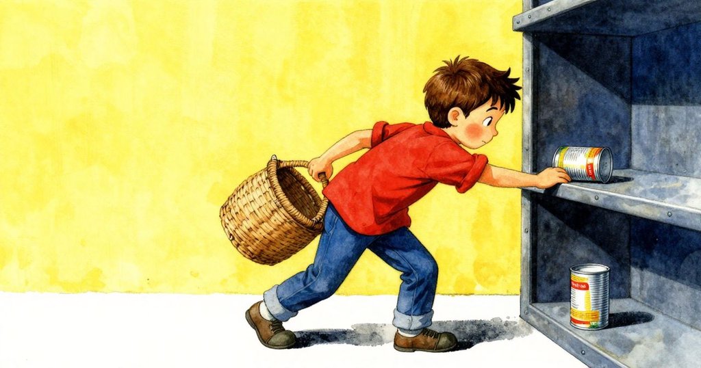 籃子猛地偏轉,布袋滑出撞上金屬陳列架,罐頭開始滾動,Luke神情驚訝,動作迅速連環。