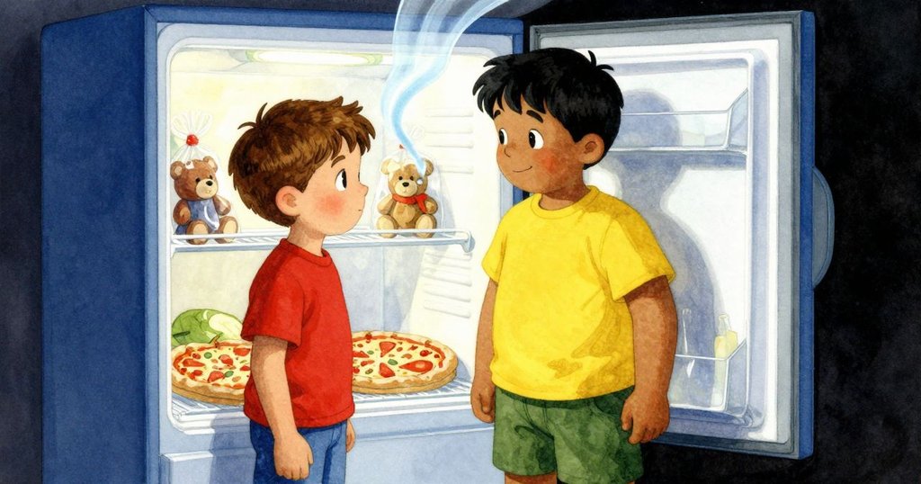 冰箱門敞開釋放冷氣,塑料玩具熊與披薩有序排列,畫面帶懷舊色調,情境溫柔且轉折。
