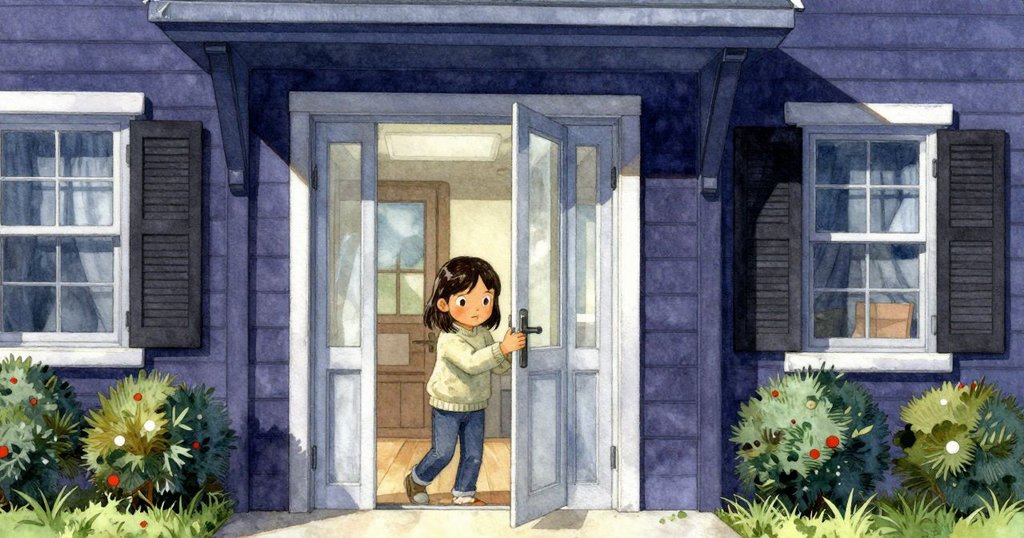 Vivian在學校入口推開玻璃門,迎接涼爽微風,充滿期待與穩重,背景展現校舍建築與細節