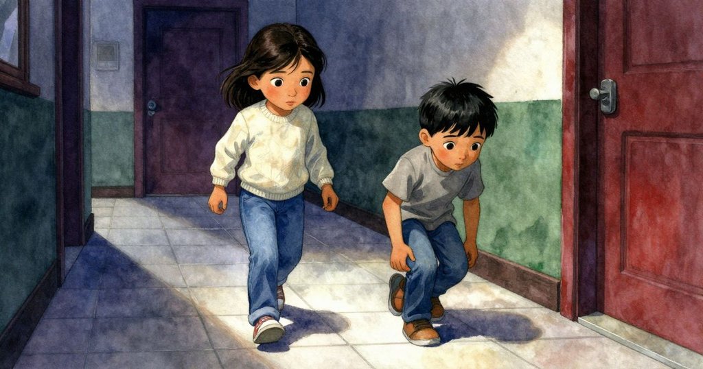 Vivian的鞋子踏在光亮的走廊瓷磚上,展現堅定步伐與室內柔和光影,細節豐富