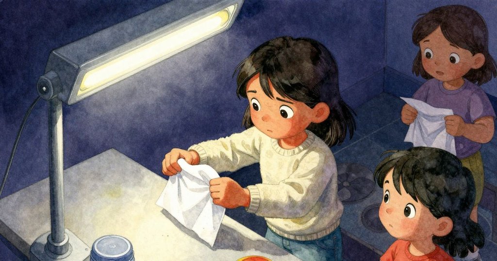 Vivian在包裝台上小心拉動沾濕紙張,高角度呈現紙張因潮濕而產生曲折撕裂,細節明顯