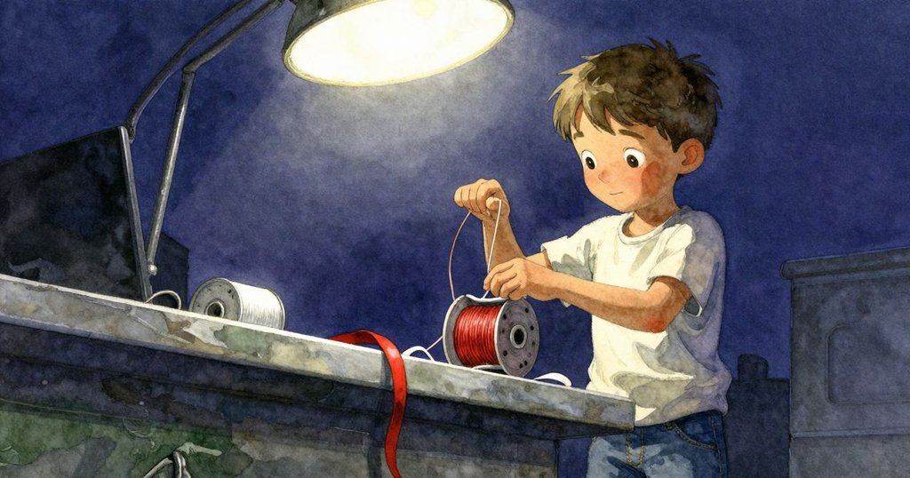 Theo正從上方向下調整藍灰色絲帶捲,努力露出台尺細節,工作台上紙張與物品交錯,神情專注