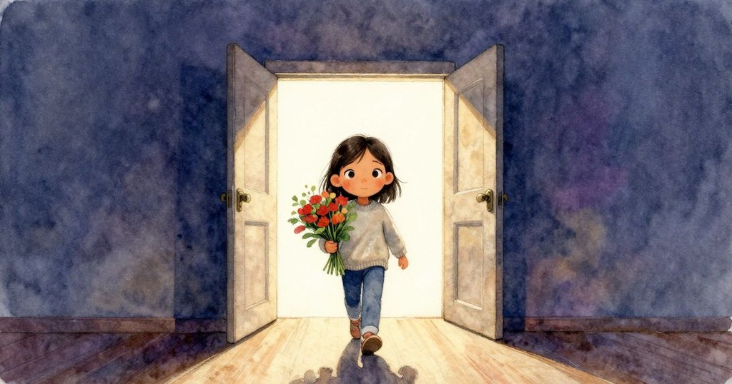 Vivian抱著花束自信地走在明亮走廊上,面向開闊前方,流露出希望與堅定,場景充滿未來感