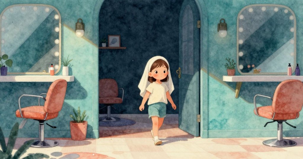 珍珠走向乾淨美髮椅，背景呈現深藍與海泡綠牆面，窗外斑駁光線映出戲劇性對比，充滿期待感