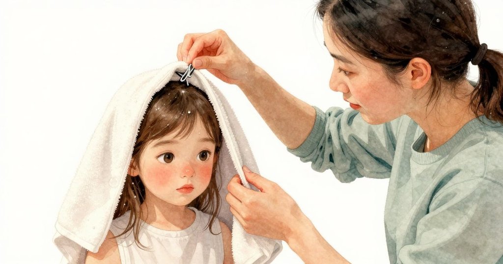 珍珠專注用手夾緊金屬髮夾，濕毛巾與散落髮絲細節清晰，展現她認真的動作與情感