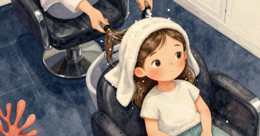 從高處俯視珍珠坐於椅上，展示濕毛巾與鬆動髮絲細節，畫面充滿柔和卻略帶緊張的氣氛