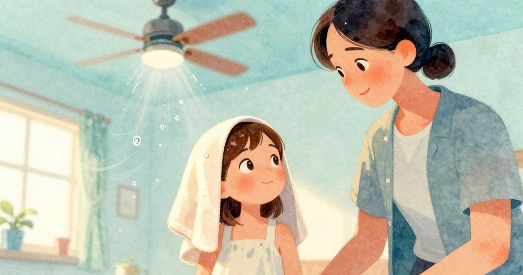 空調風扇輕推濕潤空氣，水滴在溫暖光線下閃爍，室內空間動態展現春季般柔和韻律