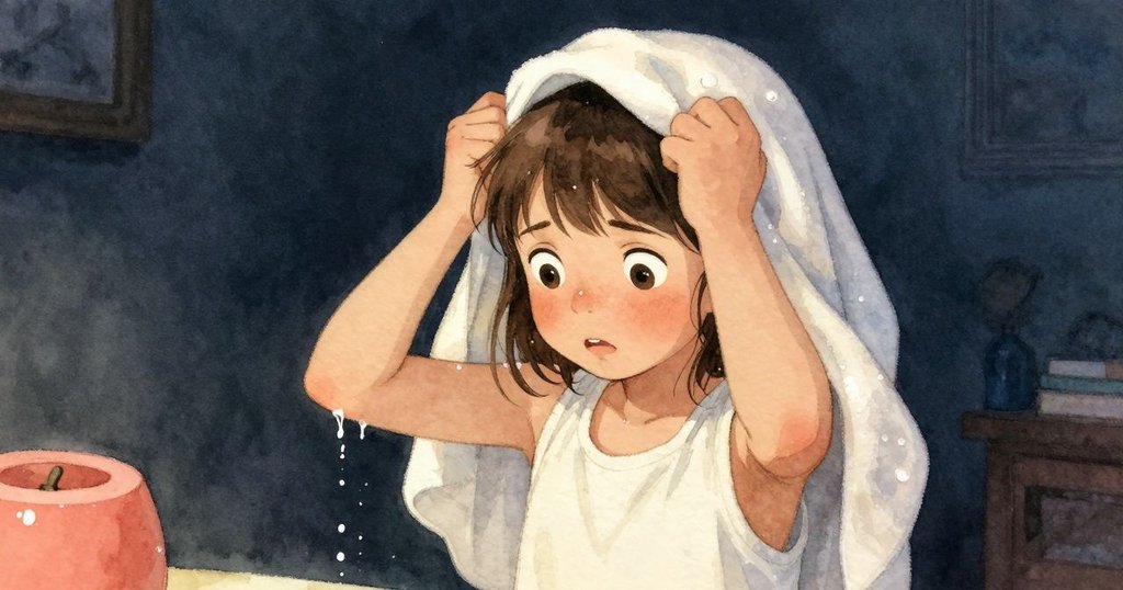 珍珠面露焦慮，專注夾緊髮夾卻見水滴緩流，其刻畫緊張情緒與期待完美瞬間