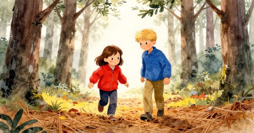 Faye和Leander走進濃霧松林,踩著濕潤的松針,臉上充滿期待與專注,故事剛開始展開。