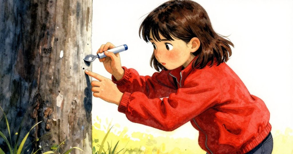 Faye細心刮除木柱上苔蘚,先用指甲後用湯匙,逐步露出隱藏的黃色三角形,展現探索過程。