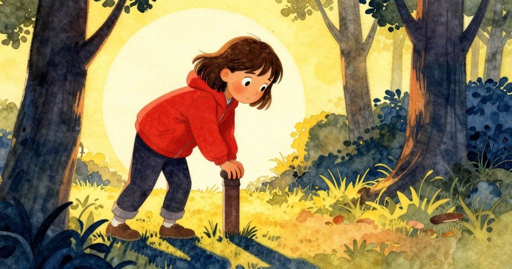 Faye在夕陽下調整搖晃的木柱,金色光線塑造出拉長陰影,展現時間流逝及堅定的決心。