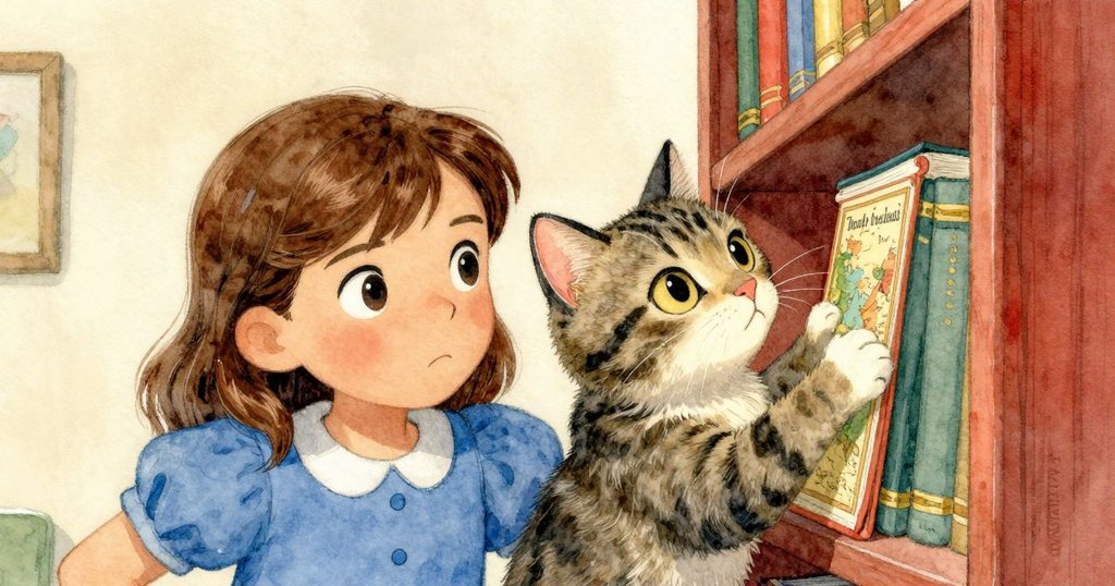 莉莉凝視著高處的地圖冊，專注且決心，她的手伸出試圖觸及書本，光線聚焦其臉龐