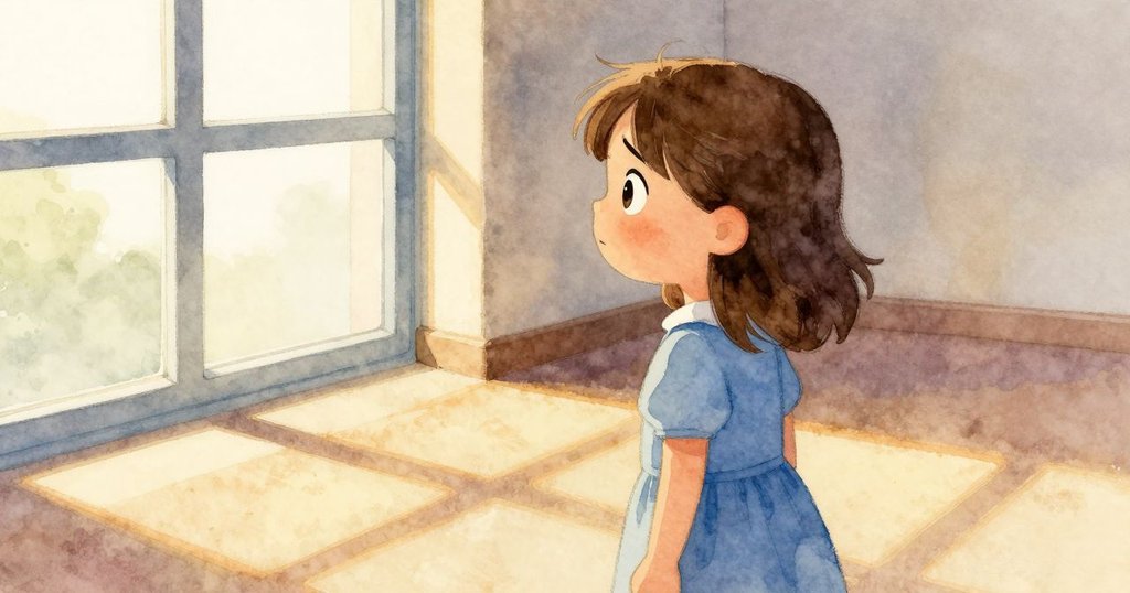 莉莉停下腳步透過高窗眺望外景，夕陽灑下斑駁光影在地毯上，神情沉思