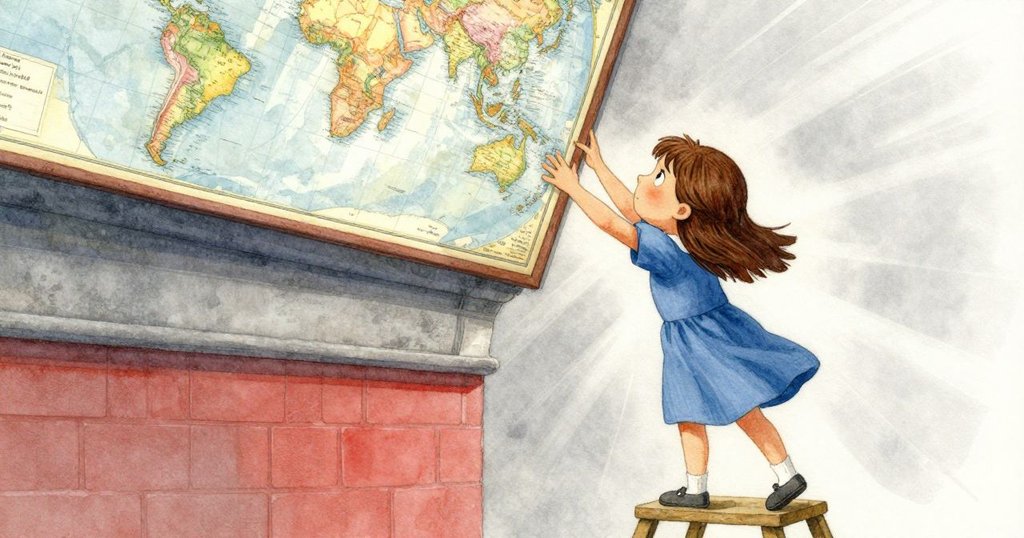 莉莉站在滾動凳上攀伸觸摸高處的地圖冊，下方貓咪好奇注視，光線營造動態陰影效果