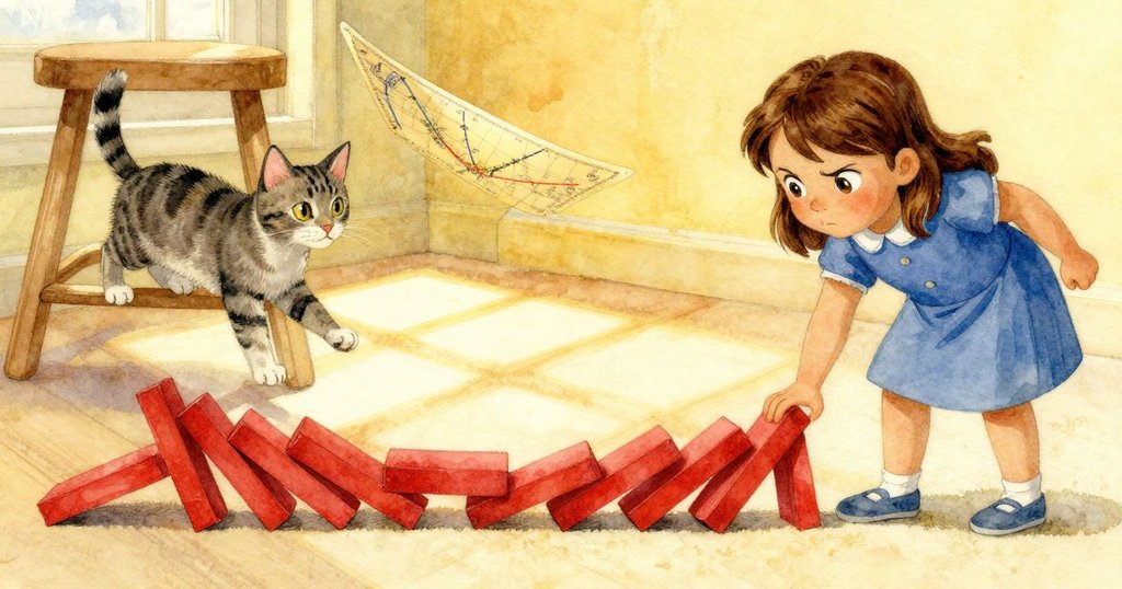 書本像多米諾骨牌般倒下，滾動凳帶著地圖冊緩慢移動在陽光斑駁的地毯上，場面充滿活力