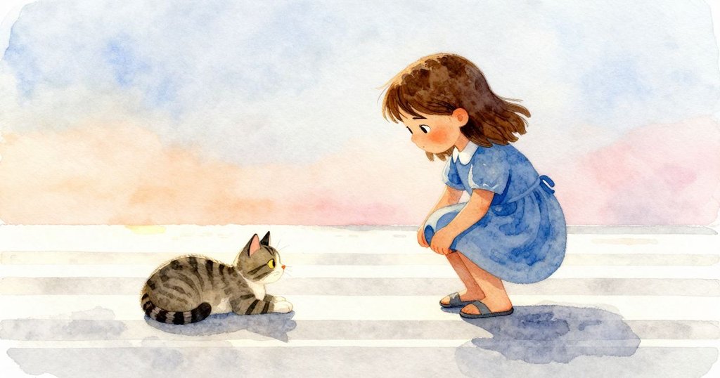 莉莉安靜地整理書籍，貓咪在斑駁光影中休息，滾動凳緩緩移向明亮區域，結局充滿平和與反思