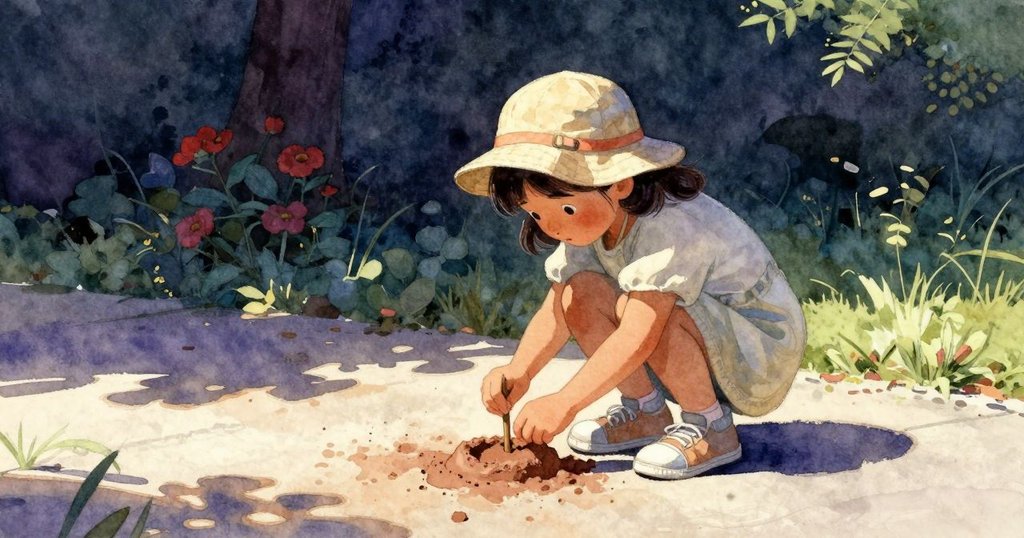 Faye在明亮車道上跪著，小心地將小棍嵌入黏土中，陽光與陰影交織，充滿期待與專注的神情