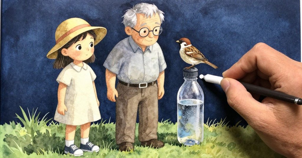 Faye正小心地用粉筆在黏土上點出第一個白點，水瓶中水面的反光閃爍，畫面細膩溫柔