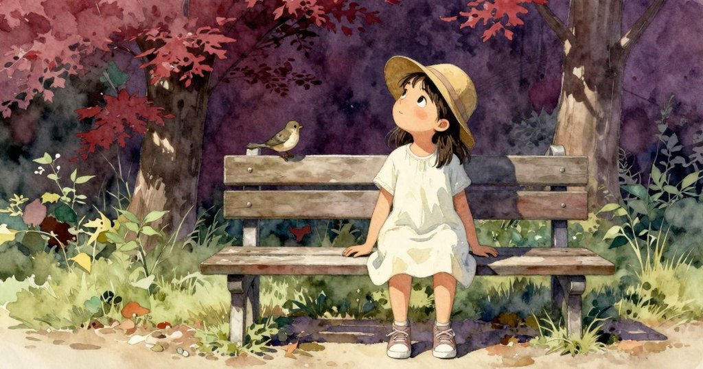 Faye抬頭看著棲在長椅上的麻雀，神情中透出驚喜與好奇，戶外自然光線柔和