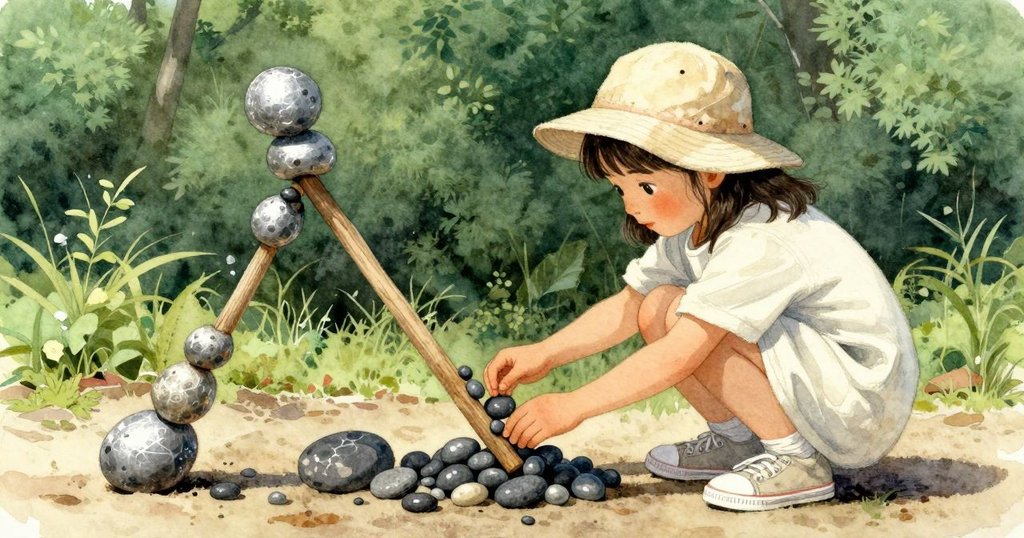 Faye專注地將小卵石一顆顆放在黏土旁，穩住歪斜的小棍，表情認真而堅定，場景生動