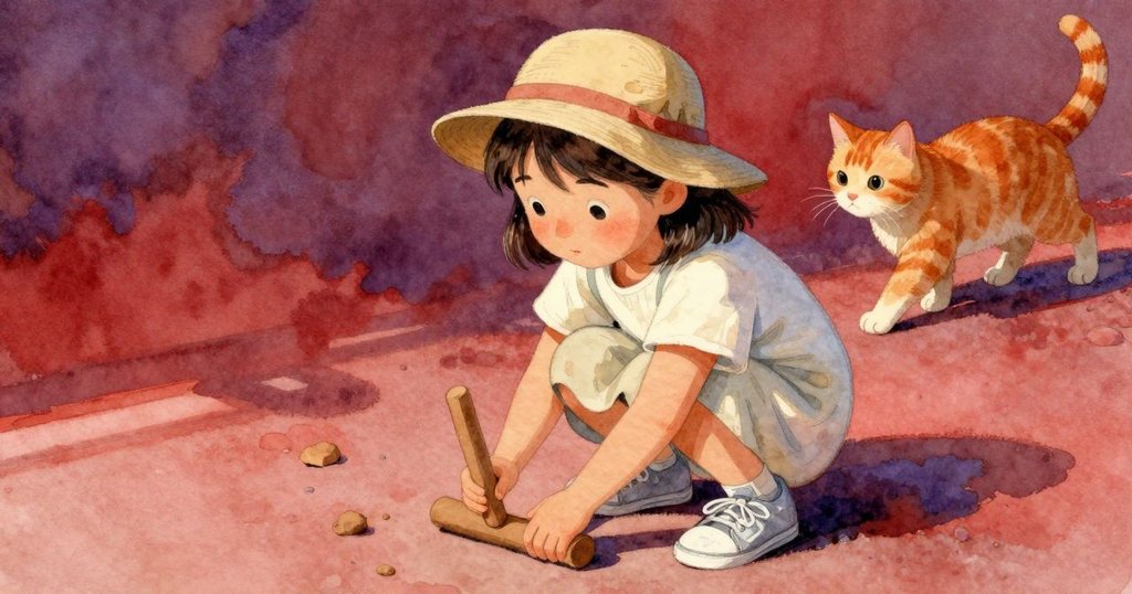 在陣陣微風吹拂下，Faye穩住了歪斜的小棍，陽光洩下完美影子，旁邊橘貓靜靜穿行，充滿喜悅