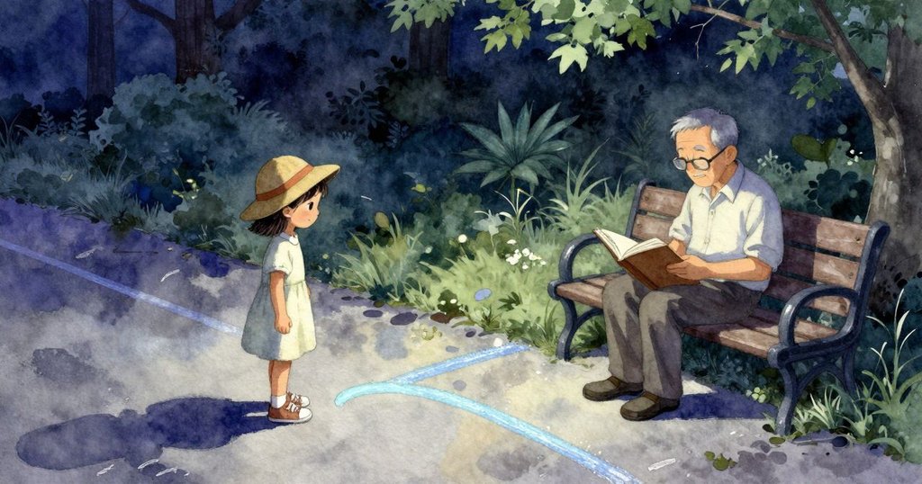 Faye滿意地後退觀察她用藍粉筆連成的曲線，背景中祖父在陰涼長椅上閱讀，夕陽餘輝映襯出溫馨畫面