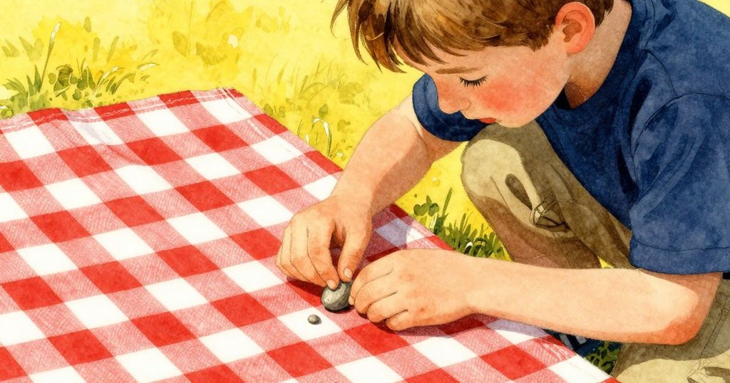 Reed 的手部特寫正調整格子布並插入石釘,布料隨微風輕舞,背景略帶模糊呈現溫暖氛圍