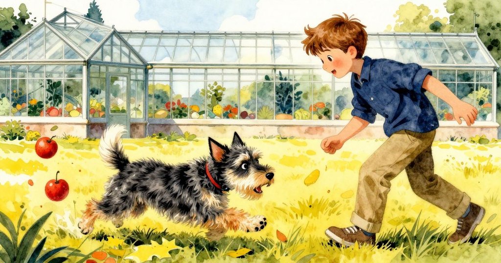 狗狗在前景追逐飄落樹葉,Reed 在中景追趕滾動哈密瓜螺旋片,籃子與溫室玻璃遠景層次豐富,充滿活力