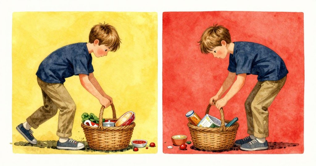 Reed 小心提著籃子整理午餐物品,雙面呈現現實與理想場景,風中物品陣陣搖曳展現決心