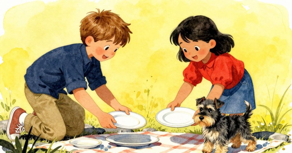 Reed 與 Paloma 一起在岩石餐點區擺放盤子,兩人微笑互動,狗狗安靜在旁,氛圍愉悅溫馨