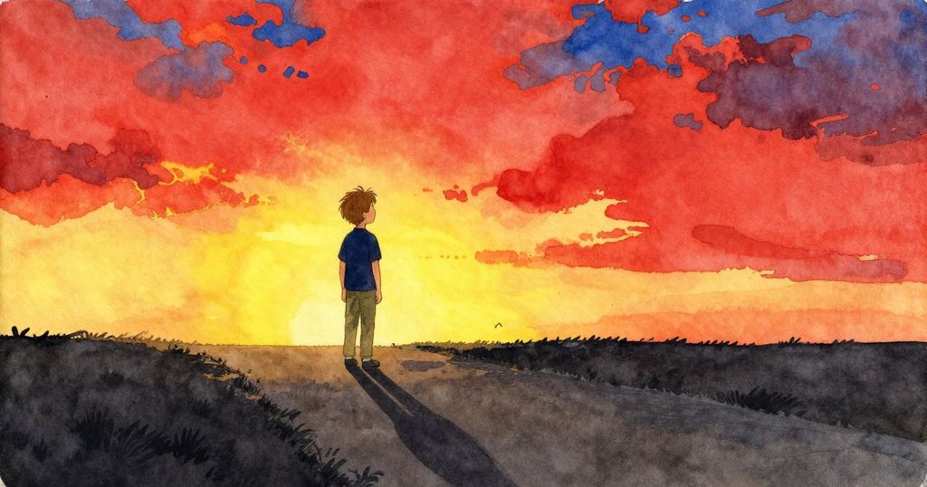 Reed 站在落日餘暉下遠望開闊前路,思索當天歡樂時刻,公園與丘陵輪廓柔和展現未來期待