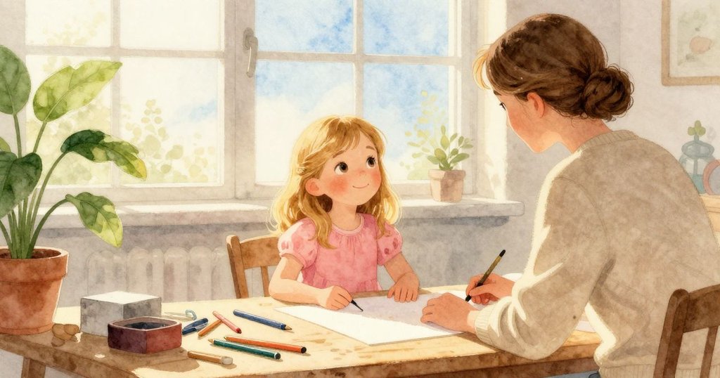 Fleur 正在剪修布娃娃耳朵，成人整頓零件，工桌上工具散落，氛圍寧靜溫馨，故事開端展現精緻細節。