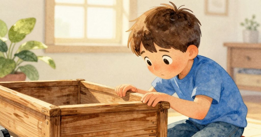 Reese 雙眼堅定，專注地將木製玩具車輕放在墊布上，神情充滿期待，技術準備開始展開。