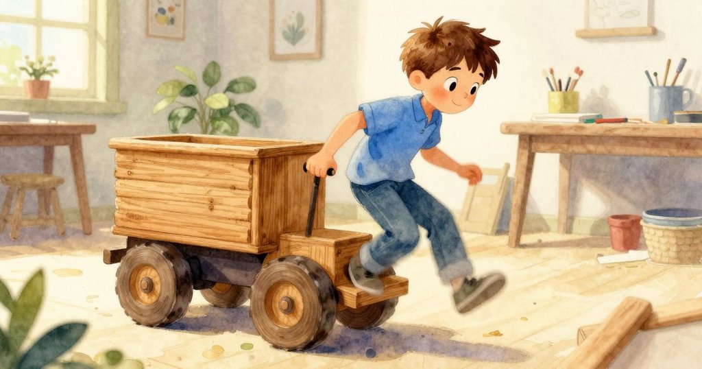 Reese 仔細使用銼刀修整玩具車輪，車輪轉動時呈現扭曲視角，細節豐富，氣氛專注而細膩。