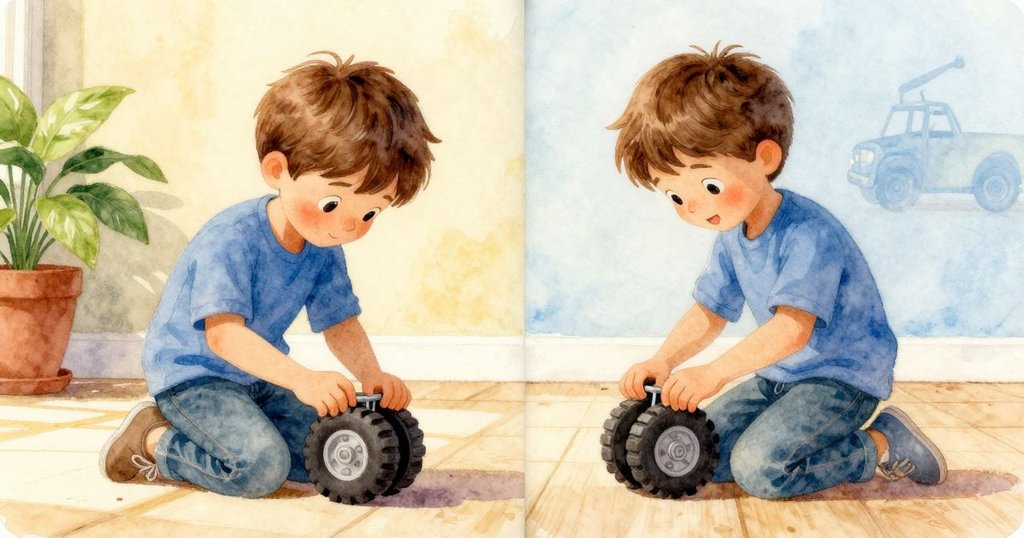 Reese 一邊專注銼輪，一邊憧憬玩具車完美運行，現實與幻想交錯，溫暖室內環境中展現夢想與努力。