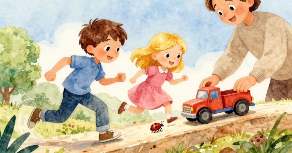 玩具車順利下坡急行，輕觸小甲蟲驚動，瓢蟲驟然振翅，動感場面展現劇情轉折。