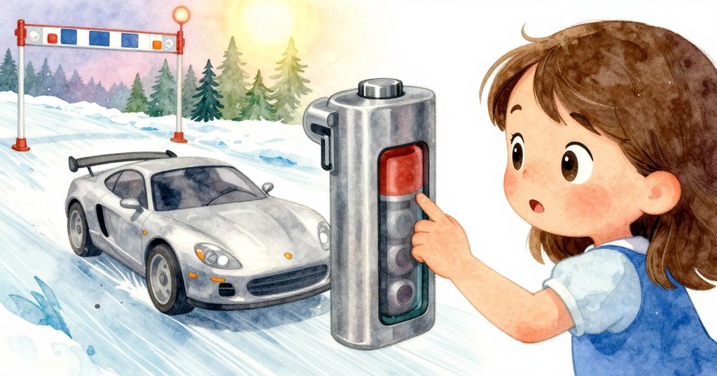 溫柔的Winona在賽車起始門前按壓電池蓋,手指觸碰塑膠表面,場景充滿溫暖柔和的燈光與期待氣氛