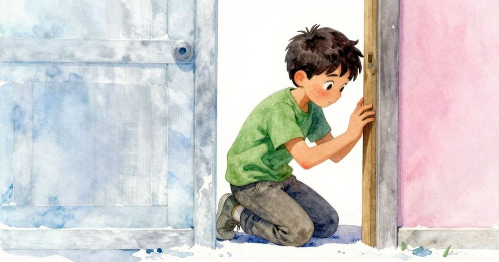 Soren蹲在木製支架旁仔細檢查生鏽的橙色灰塵,透過半敞門框呈現專注與靜謐的賽車空間