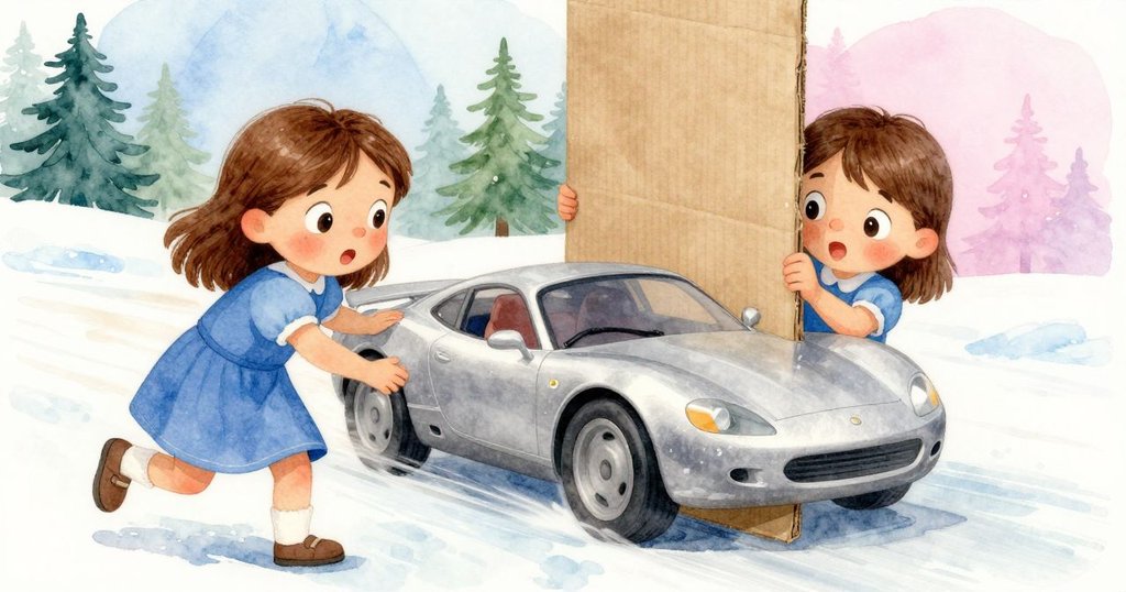 Winona一邊用紙板固定木支架,一邊展現腦海中完美賽車飛馳的雙重畫面,呈現現實與想像切換的情景