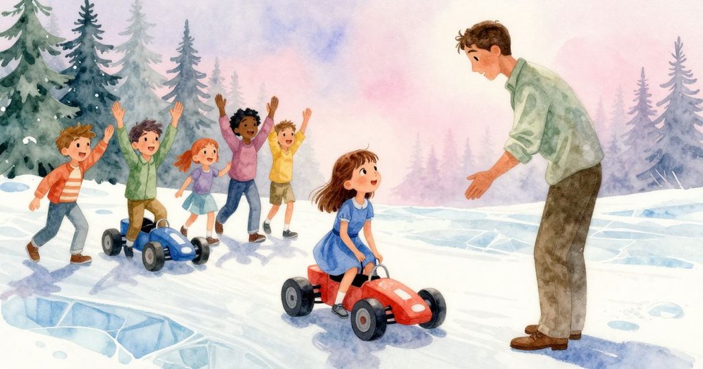 賽事結束後Winona滿臉喜悅地拾起賽車,Marshal在旁陪伴,溫暖光線映襯下散落橡膠塵埃,整體場景喜悅洋溢