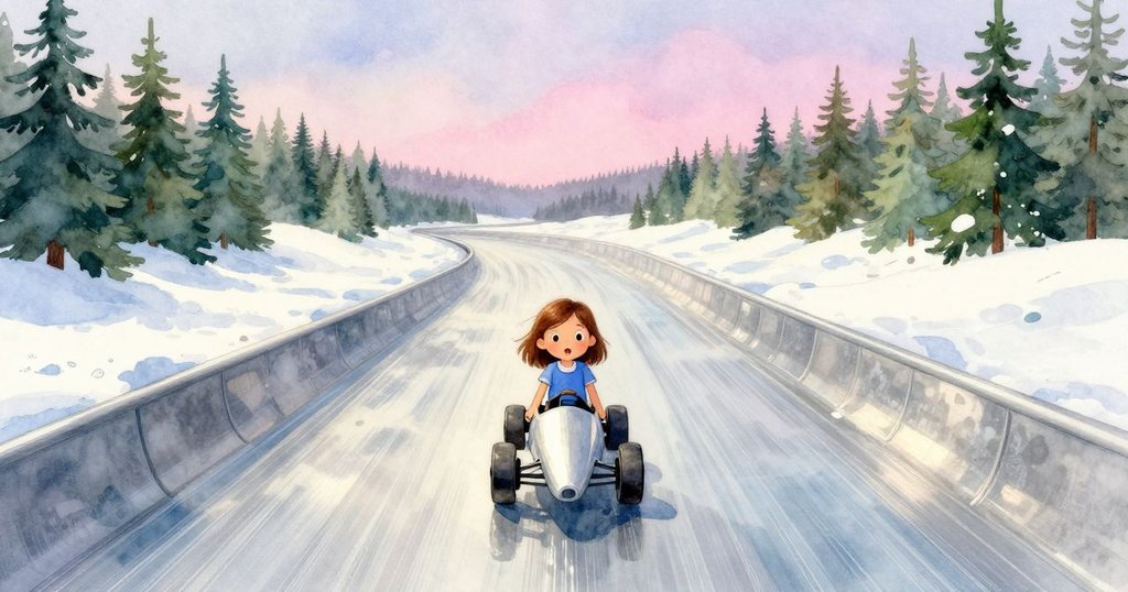 Winona手持賽車,面對明亮開闊的賽道,神情堅定,象徵迎接新挑戰與未來希望的美好場景