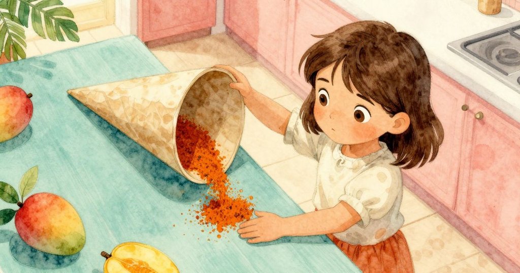 從高角度看見基拉小心捲動紙錐收集溢出的香料，她的手動作專注，桌面散落各種香料