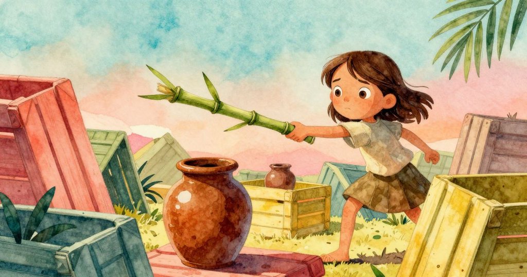 基拉運用竹製量尺在堆滿箱子的攤位間穿梭，場景空間奇異，基拉表情專注準備取回香料罐